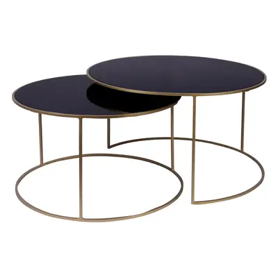 Tables basses gigognes rondes design métal doré et verre teinté noir (lot de 2) ROXO