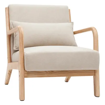 Fauteuil scandinave en tissu effet velours beige et bois clair massif DERRY