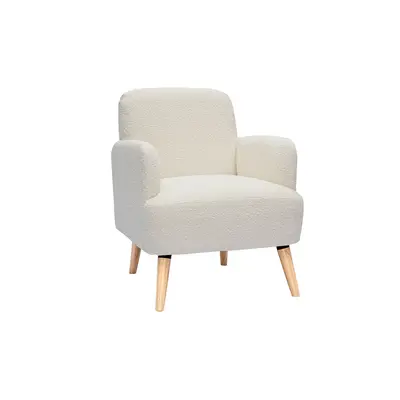 Fauteuil scandinave en tissu effet laine bouclée blanc cassé et bois clair ISKO