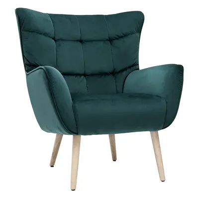 Fauteuil scandinave en tissu velours bleu pétrole et bois clair AVERY