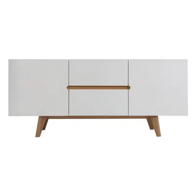 Buffet scandinave blanc brillant et finition bois clair 2 portes 2 tiroirs L160cm MELKA