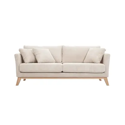 Canapé scandinave déhoussable 3 places en tissu velours côtelé beige et bois clair OSLO