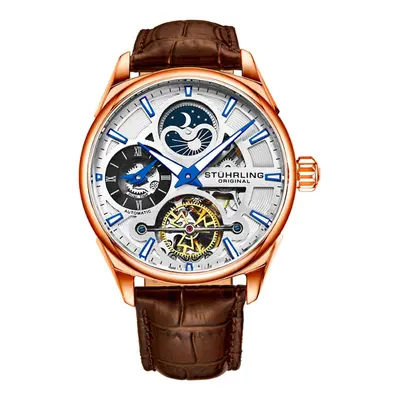 Montre automatique en cuir Legacy - Fonction GMT et compteur phases de la lune - Marron et doré 