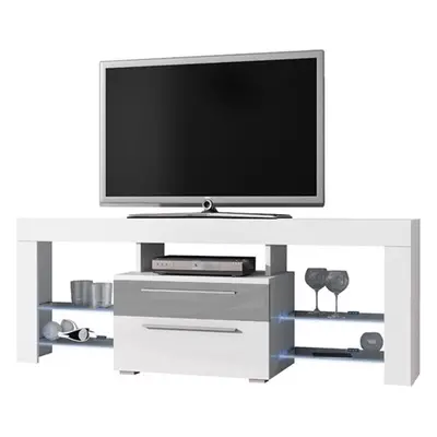 Meuble TV Buffet TV Navia high design éclairage LED corps blanc mat tiroirs avant gris brillant