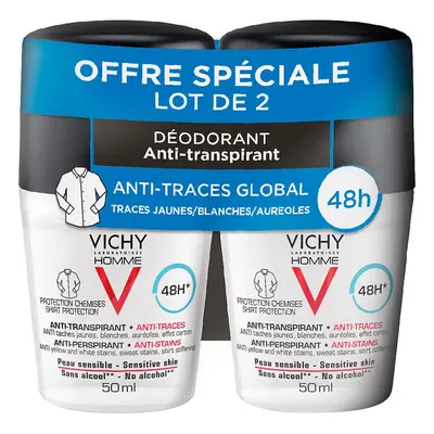 LOT*2 Vichy Homme Déodorant Bille 48H Anti-Transpirant Anti-Traces Protection Chemise 2 x 50 ml 